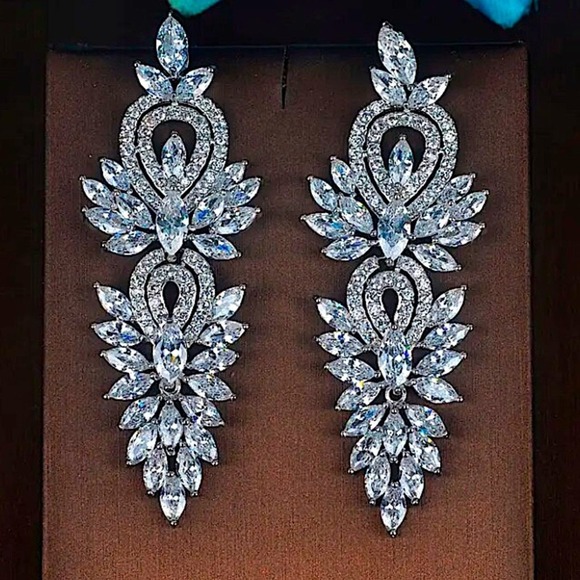 Silver Cubic Zirconia Wedding Earrings, Bridal, Dangle, Anniversary - Picture 11 of 12